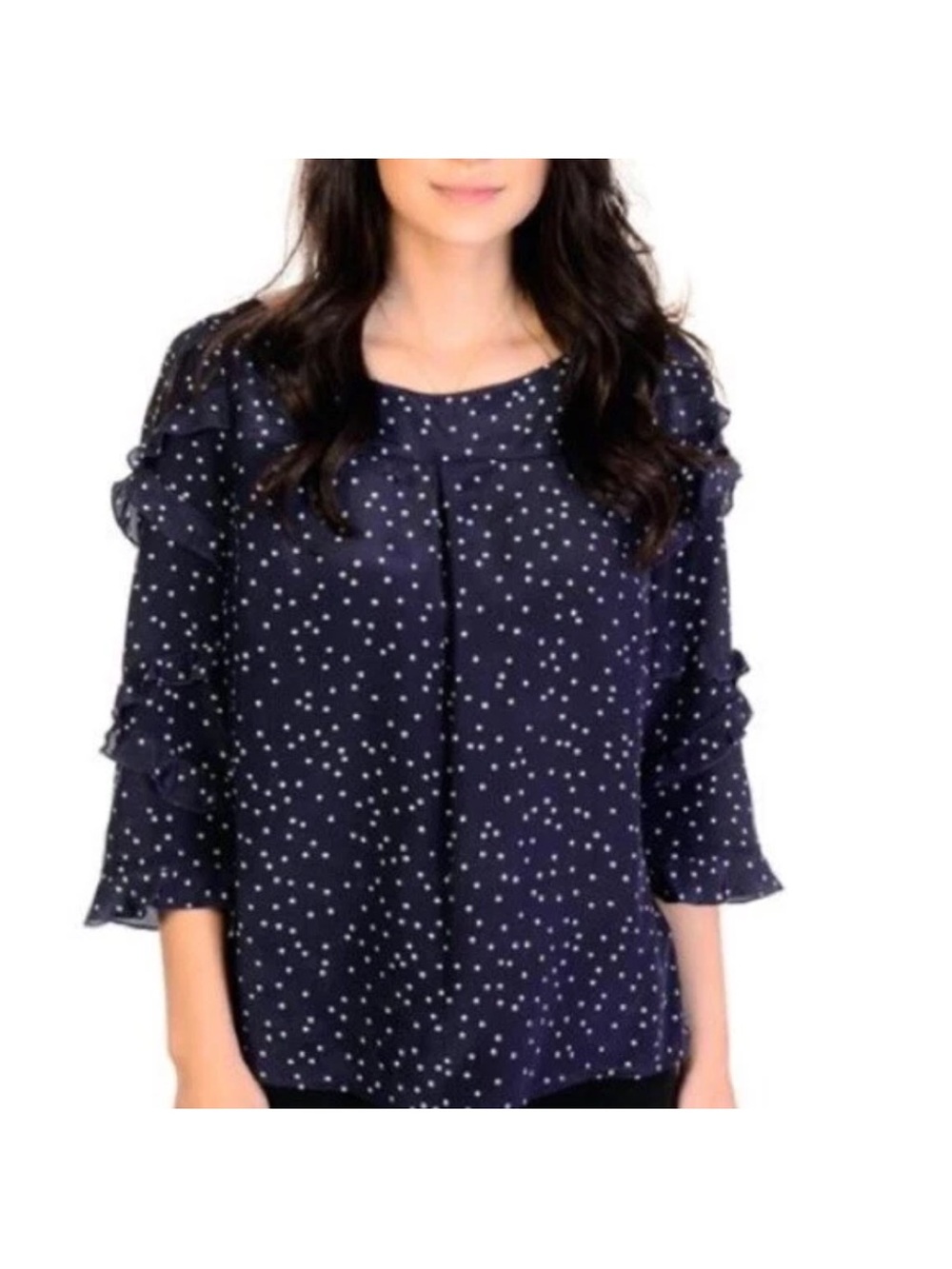 Maeve Anthropologie Blue Polka Dot Ruffle Blouse Top Size 6